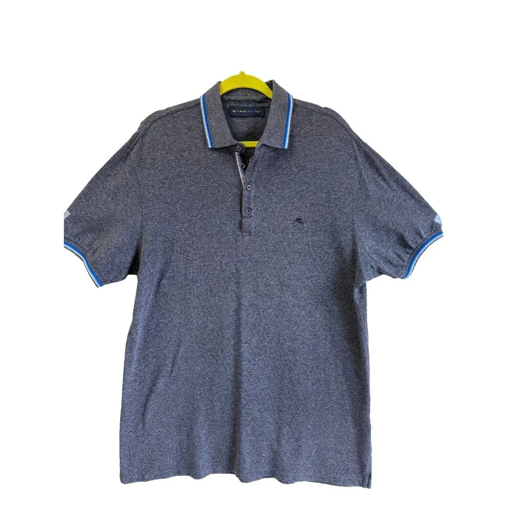 Etro Men's Gray Marl Polo Shirt 3XL Made in Italy 100% Cotton Blue Trim Logo